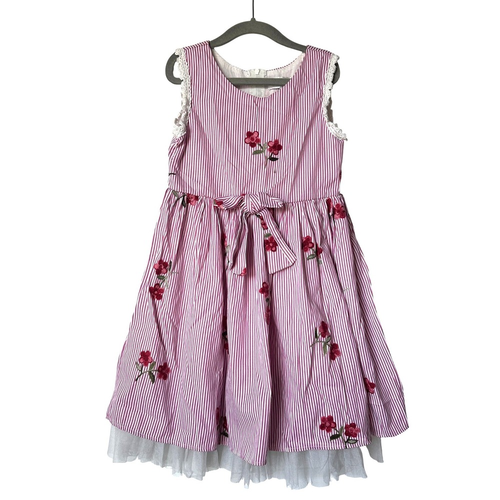 Popatu Girls Pink White Striped Floral Embroidered Tulle Party Dress Size 6